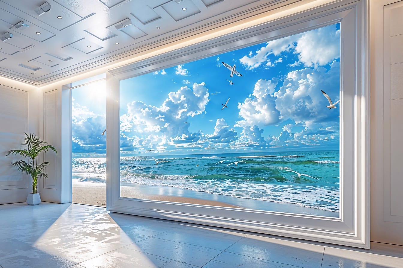 Üres, világos szoba nagy ablakkal, kilátással az óceánra és a repülő madarakra