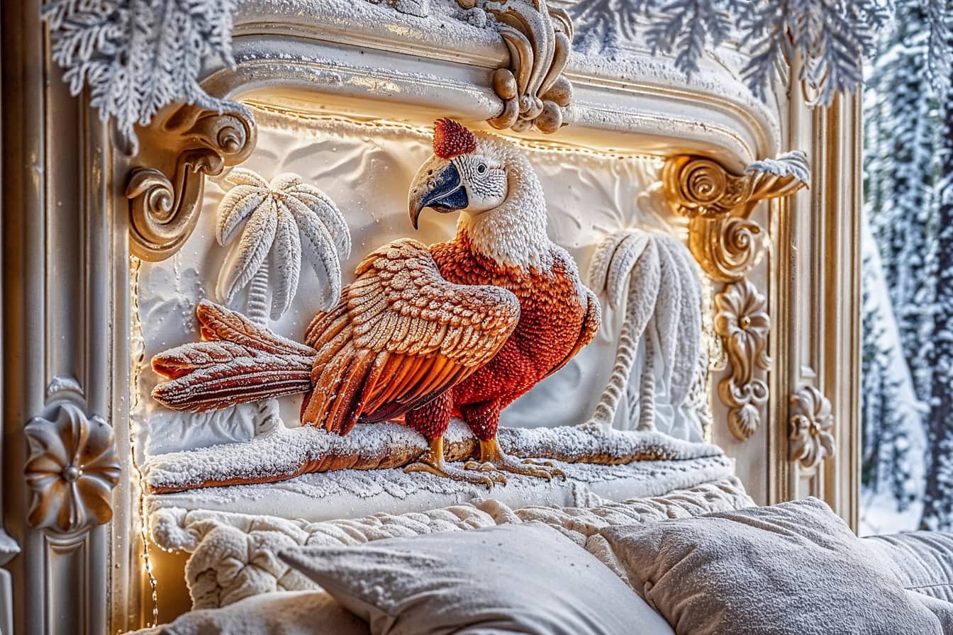 Verbazingwekkend beeldhouwwerk van een donkerrode met sneeuwvlok bedekte papegaai op de kop van een luxueus koninklijk bed