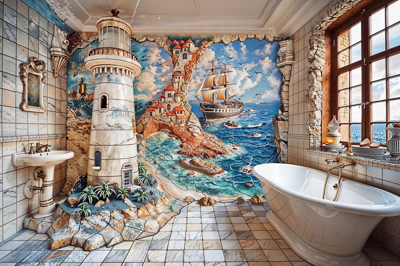 등대와 해양 스타일의 벽화가 있는 욕실의 흰색 욕조