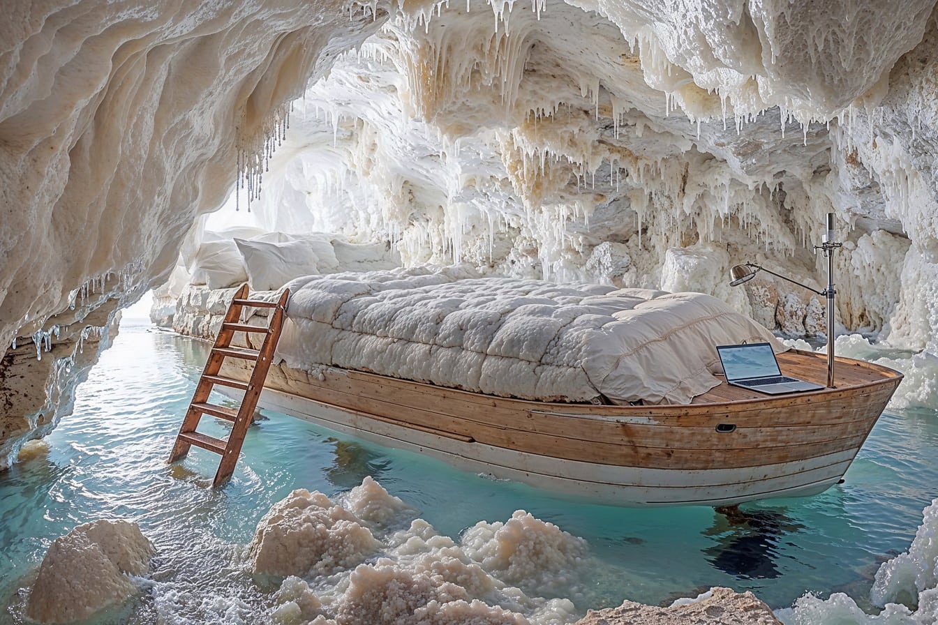 Ágy fából készült csónakon, létrával egy sóbarlangban