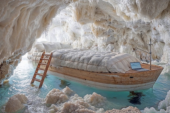 Κρεβάτι σε ξύλινη βάρκα με σκάλα πάνω της σε αλατοσπηλιά