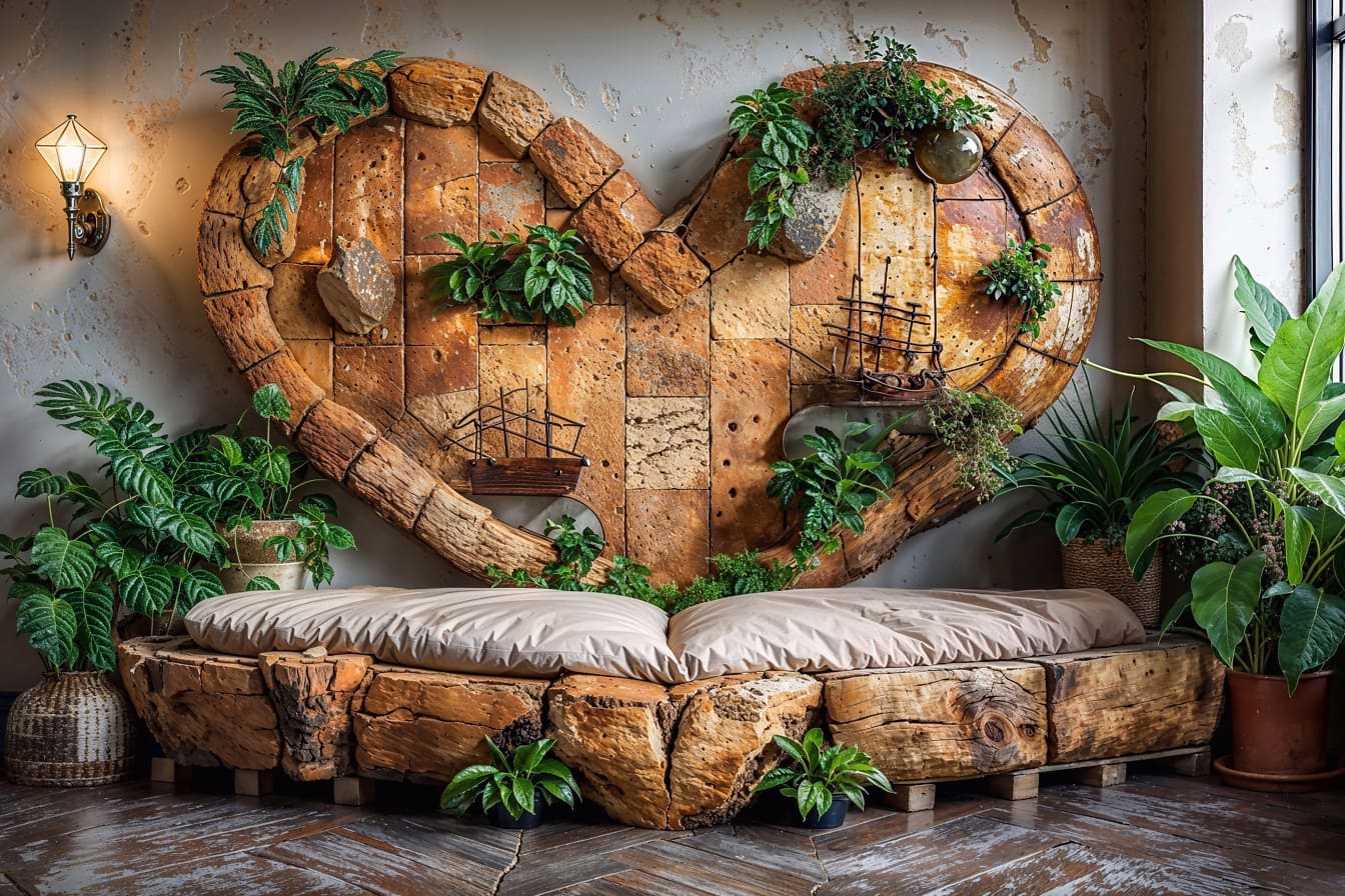 Romantisk säng för två i form av ett hjärta i rustik stil