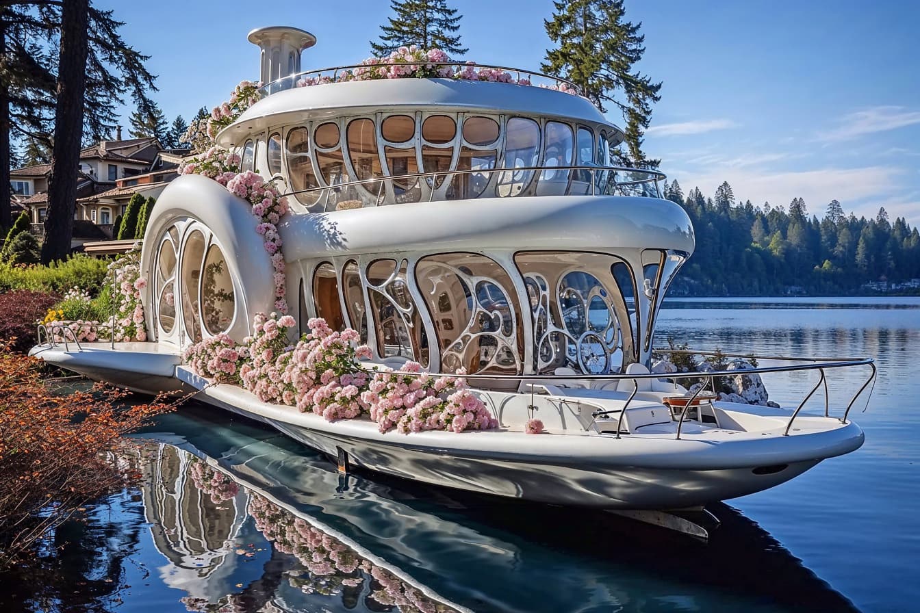 Gazebo boat di atas air dalam bentuk perahu yang elegan