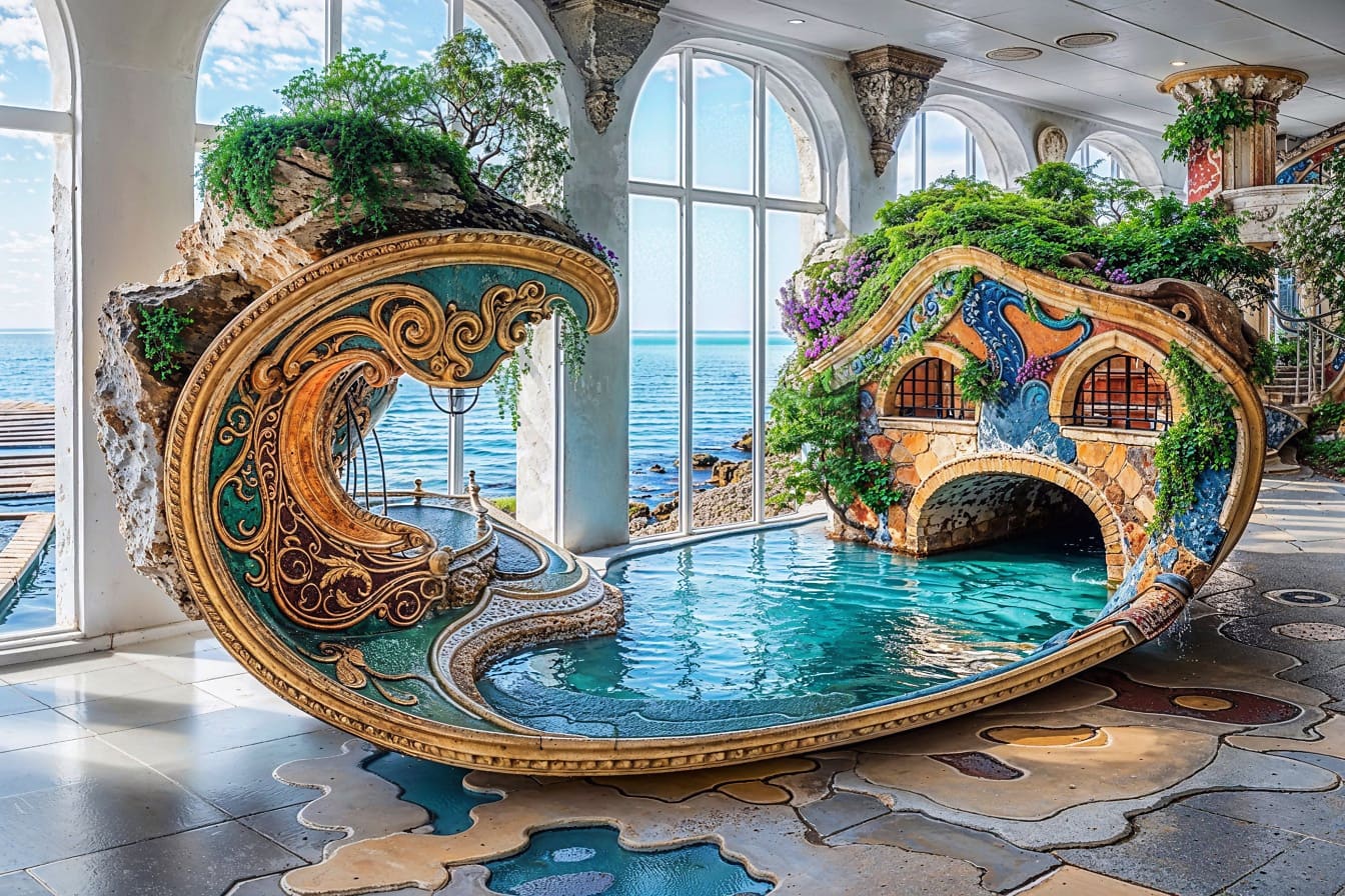 A decoration of pool in a shape of gondola in the lobby of palace