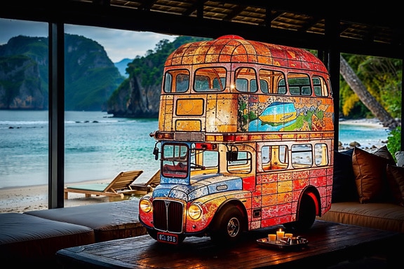 A colorful lamp in the form of a double-decker bus on the table of beachfront restaurant