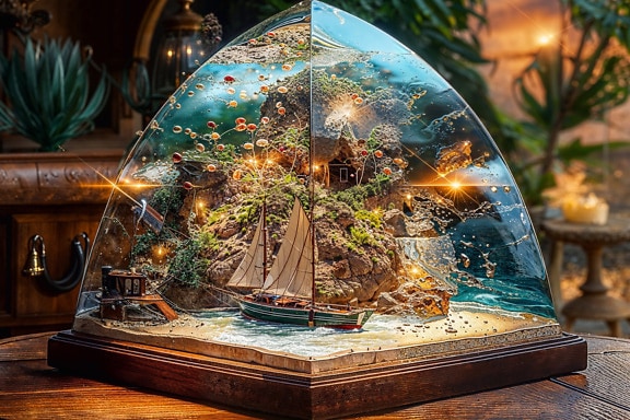 Glass dome in rustic maritime style with a old sail ship inside