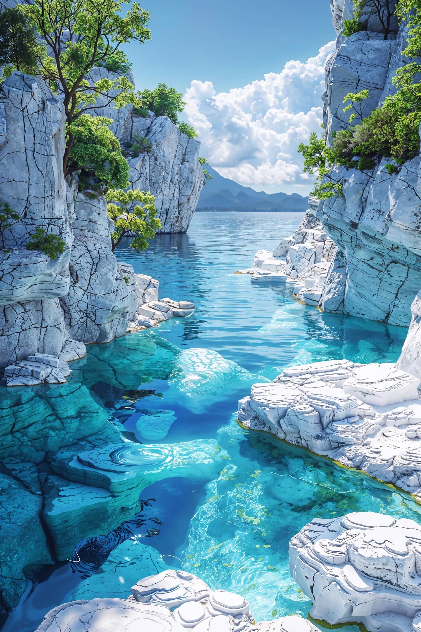 Lélegzetelállító grafika az öbölről fehér márvány sziklákkal és fákkal