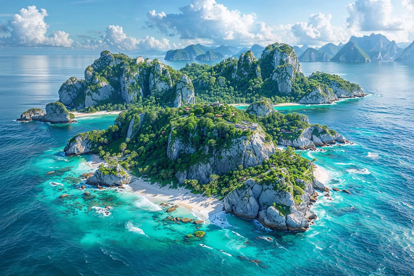 Letecký pohľad na súostrovie s malými ostrovčekmi v oceáne