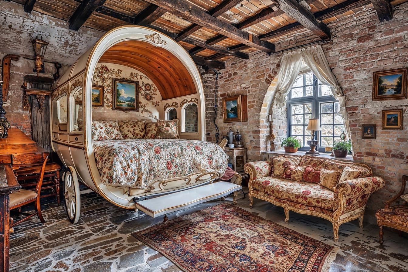 Sypialnia w stylu rustykalnym z łóżkiem wykonanym ze starego białego powozu w stylu wiktoriańskim