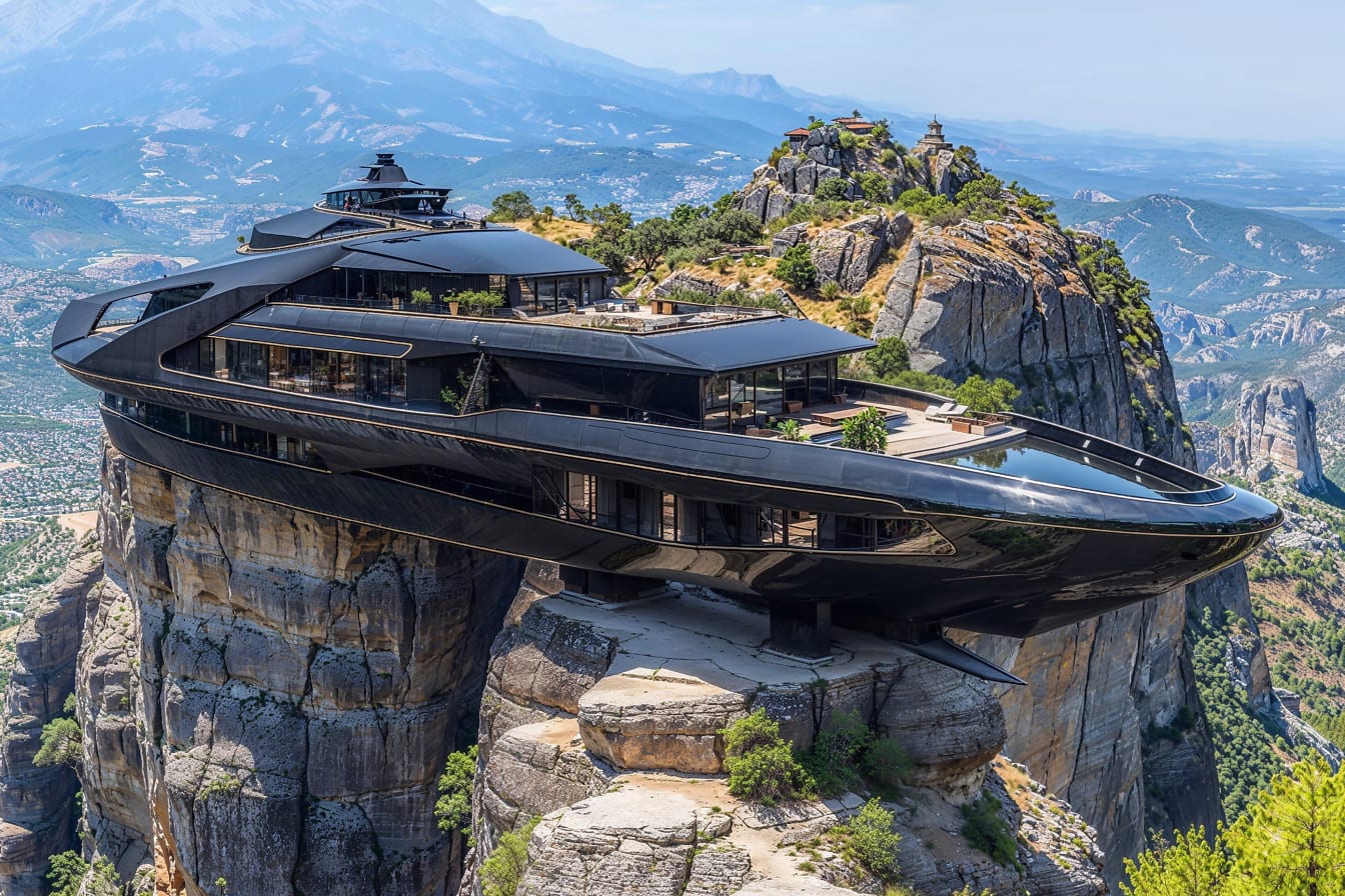 Surrealistický koncept futuristického hotela v tvare super jachty v horách Meteora v Grécku