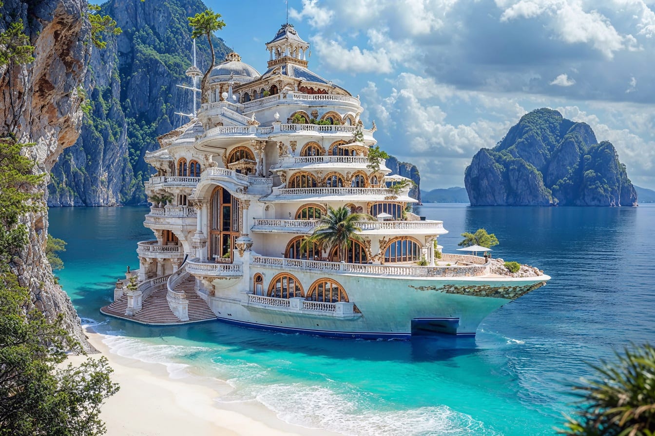 Luxusní bílý 7 patrový hotel ve tvaru lodi u mořského pobřeží