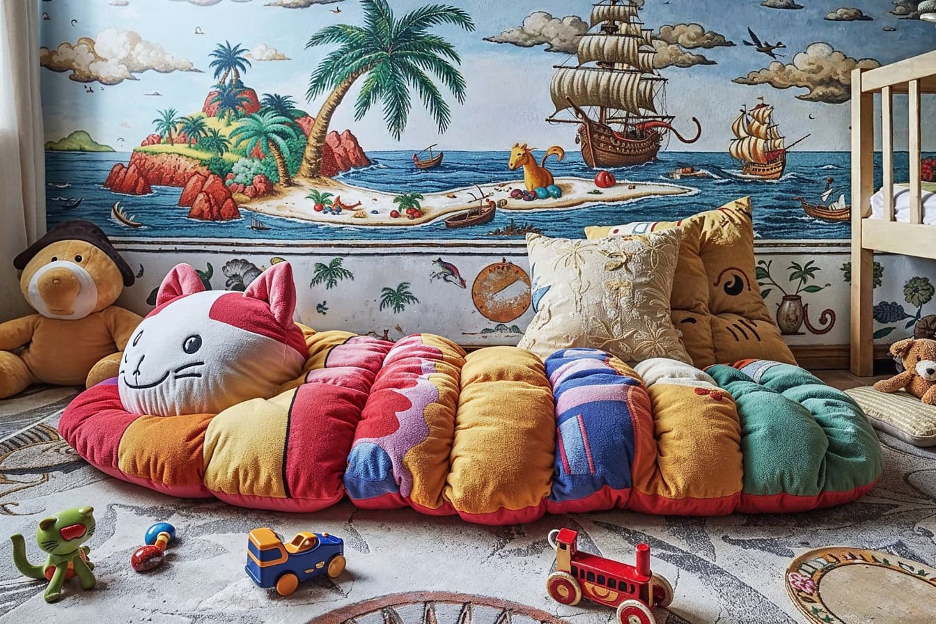 Pluszowy materac w sypialni dziecięcej z drewnianymi zabawkami w stylu retro na dywanie i z kolorowymi tapetami na ścianie