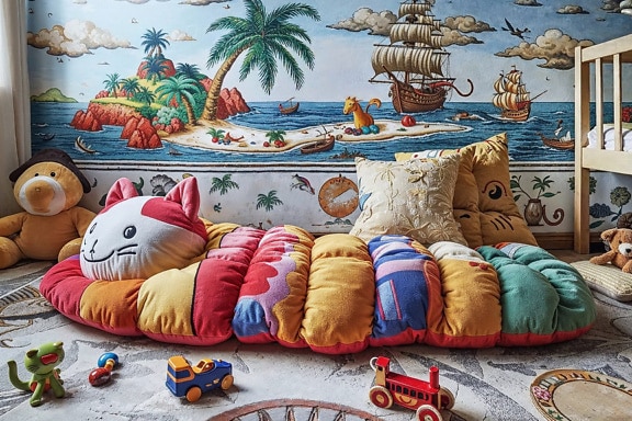 카펫 위에 복고풍 나무 장난감이 있고 벽에 화려한 벽지가 있는 어린이 침실의 플러시 매트리스