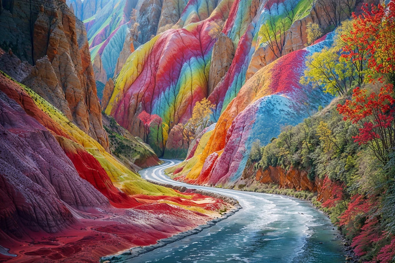 Graficzna ilustracja rzeki płynącej przez kolorowy wąski kanion