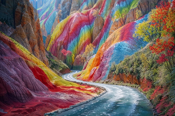 다채로운 좁은 협곡을 흐르는 강의 그래픽 그림