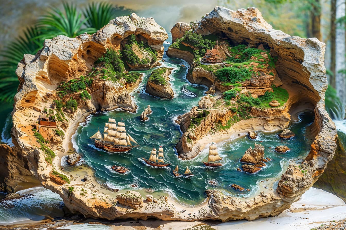 Relief 3D cu tematică nautică sculptat din piatră naturală