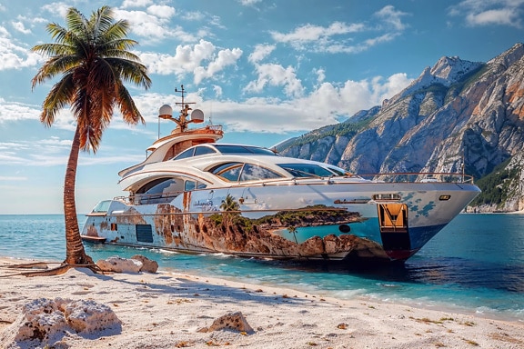 Роскошная супер яхта на воде рядом с пляжем тропического острова в Хорватии летом
