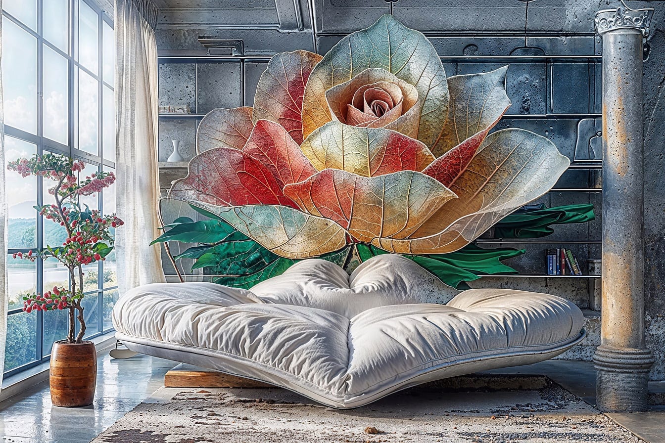 Концепция современного дизайна интерьера с большой цветочной фреской на стене и диваном в современной форме
