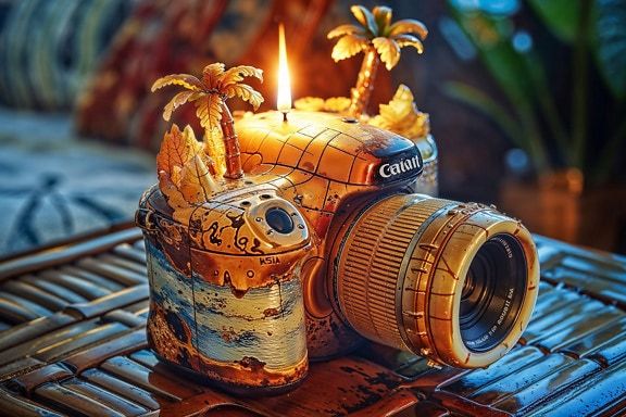 Lit candle on a birthday cake in the shape of a golden digital camera