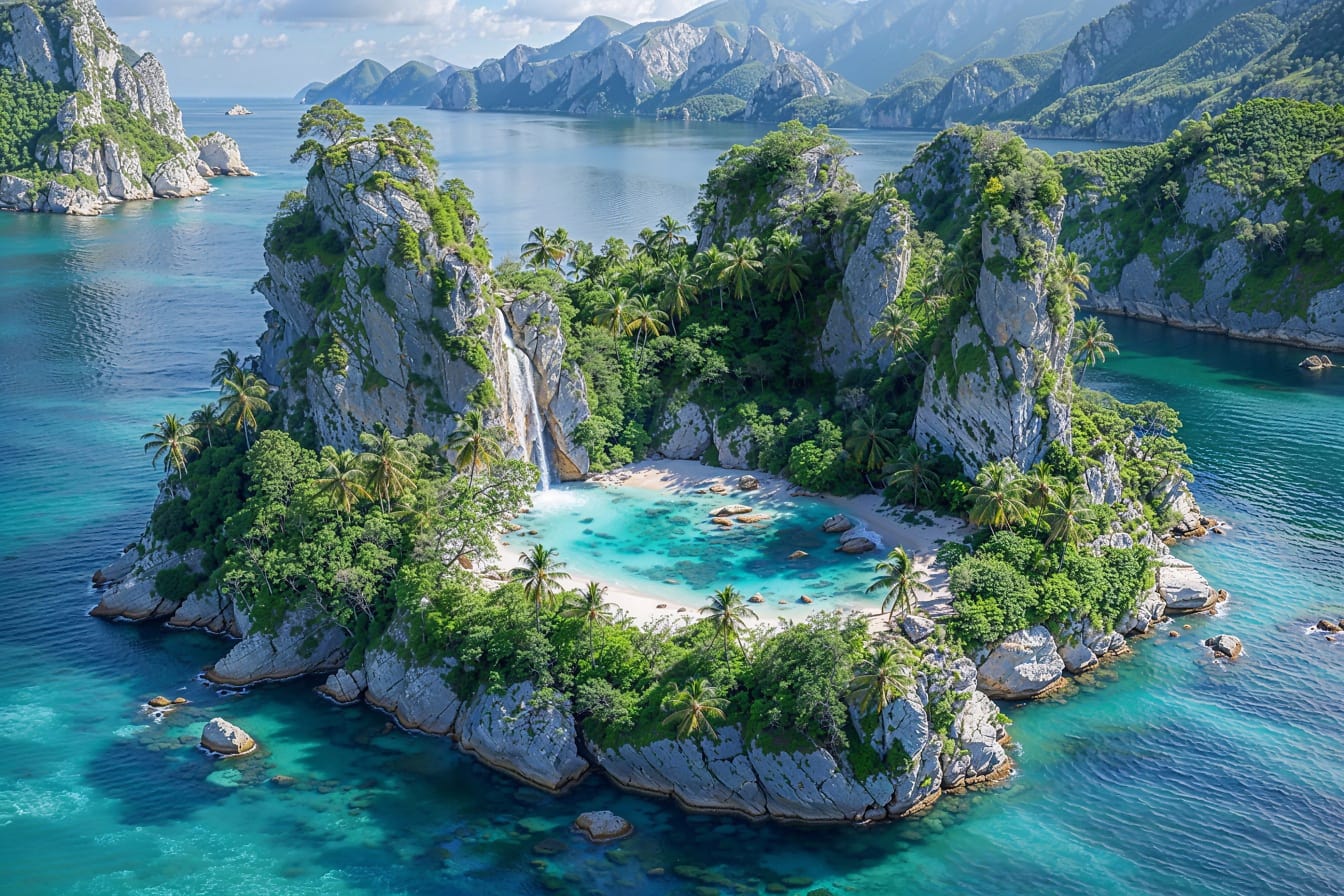 Grafika przedstawiająca małą tropikalną wyspę z wodospadem spadającym z klifów do laguny