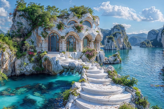 Villa carved inside a rock with white marble pathway in front of it