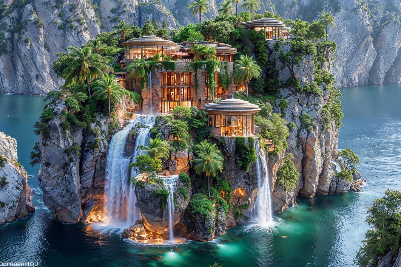 Een spectaculaire afbeelding van een waterval en een luxe villa op een klif