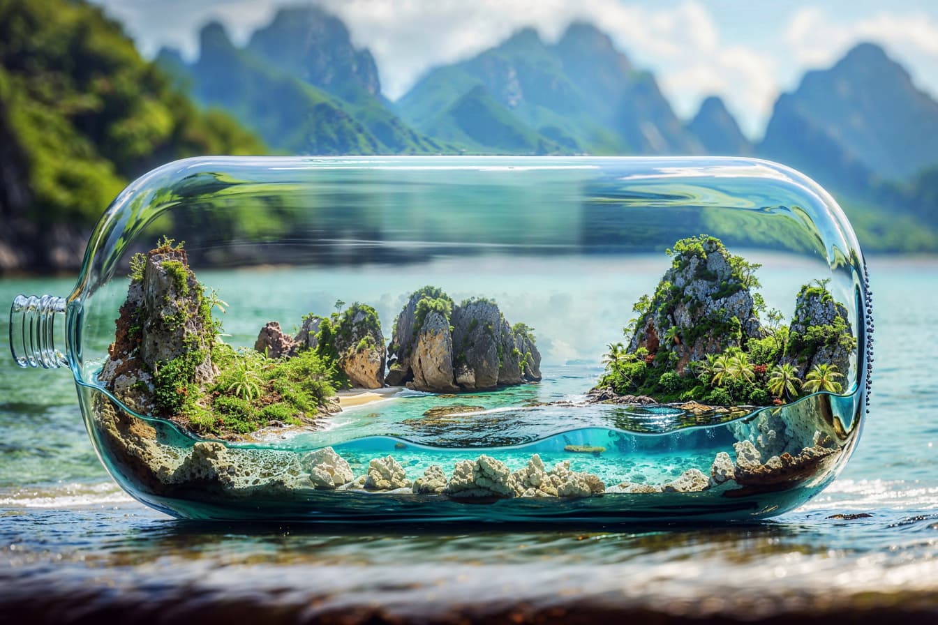 Fotomontage van glazen pot met een klein eilandje erin