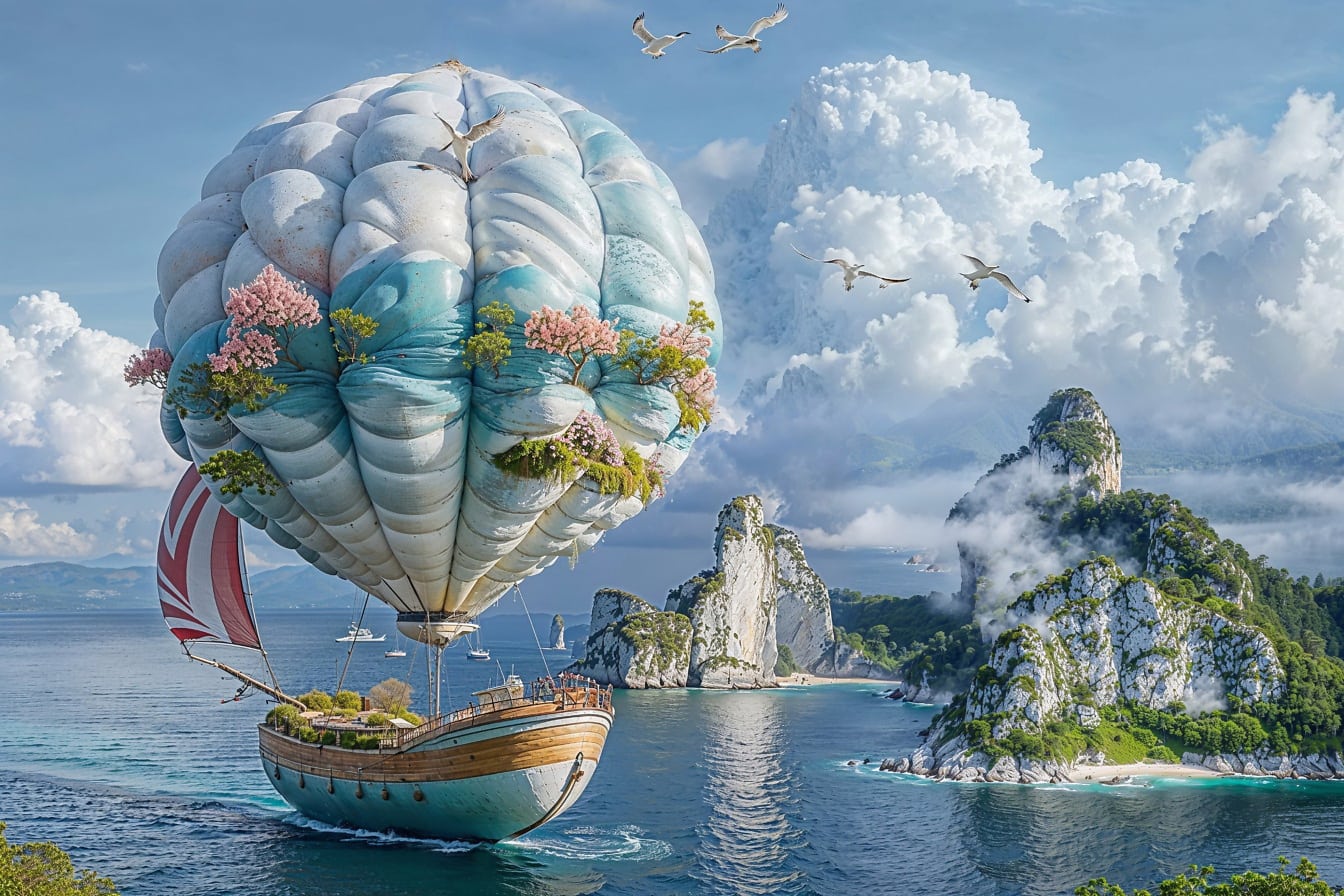 A fairytale boat with a hot-air balloon attached to it sailing into a dreamland