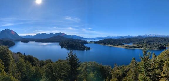A breathtaking panorama of Nahuel Huapi lake with islands and mountains in the background