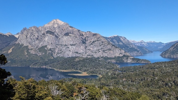 Panorama of  the Llao Llao mountain peak and surrounding lakes at nature preserve in Argentina