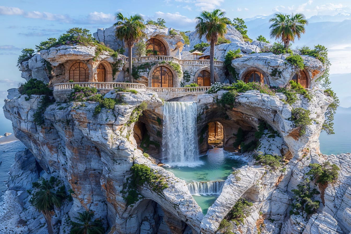 Khái niệm về một biệt thự mơ ước sang trọng được chạm khắc từ một vách đá với thác nước trong vườn