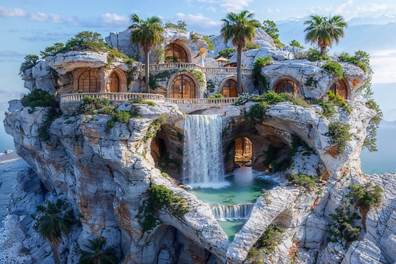 The concept of a luxury dream villa carved out of a rock cliff with a waterfall in garden