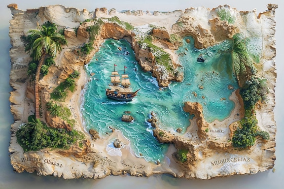 無人島と未踏の熱帯の島の海軍地図のレリーフ画像