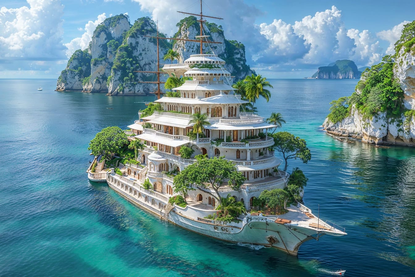 Luksusowy 7-piętrowy pałac-superjacht z drzewami wśród wysp w tropikalnym otoczeniu