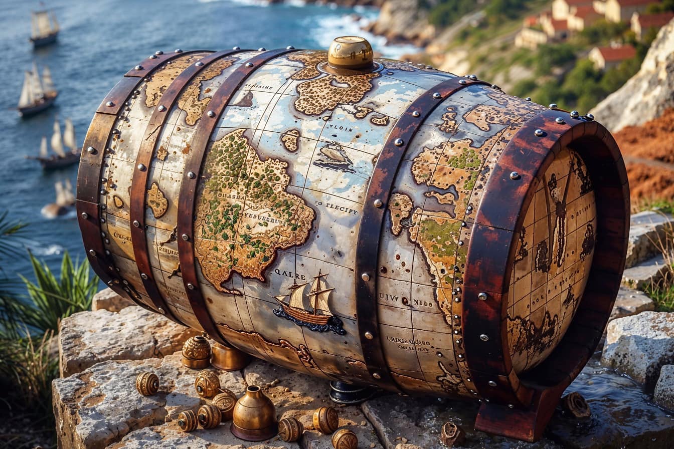 Stara beczka wina z rustykalną średniowieczną mapą morską
