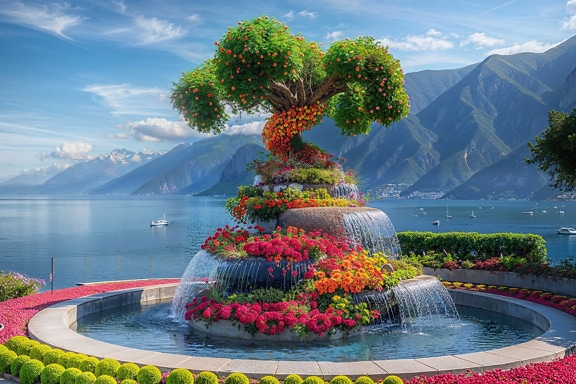 Fuente con un árbol y flores al estilo de un bonsái en la terraza frente al mar