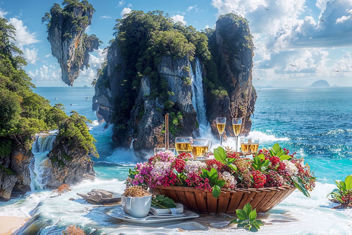 Szürreális piknik a tengerparton bogyós gyümölcsökkel és pohár pezsgővel, háttérben úszó szigetekkel