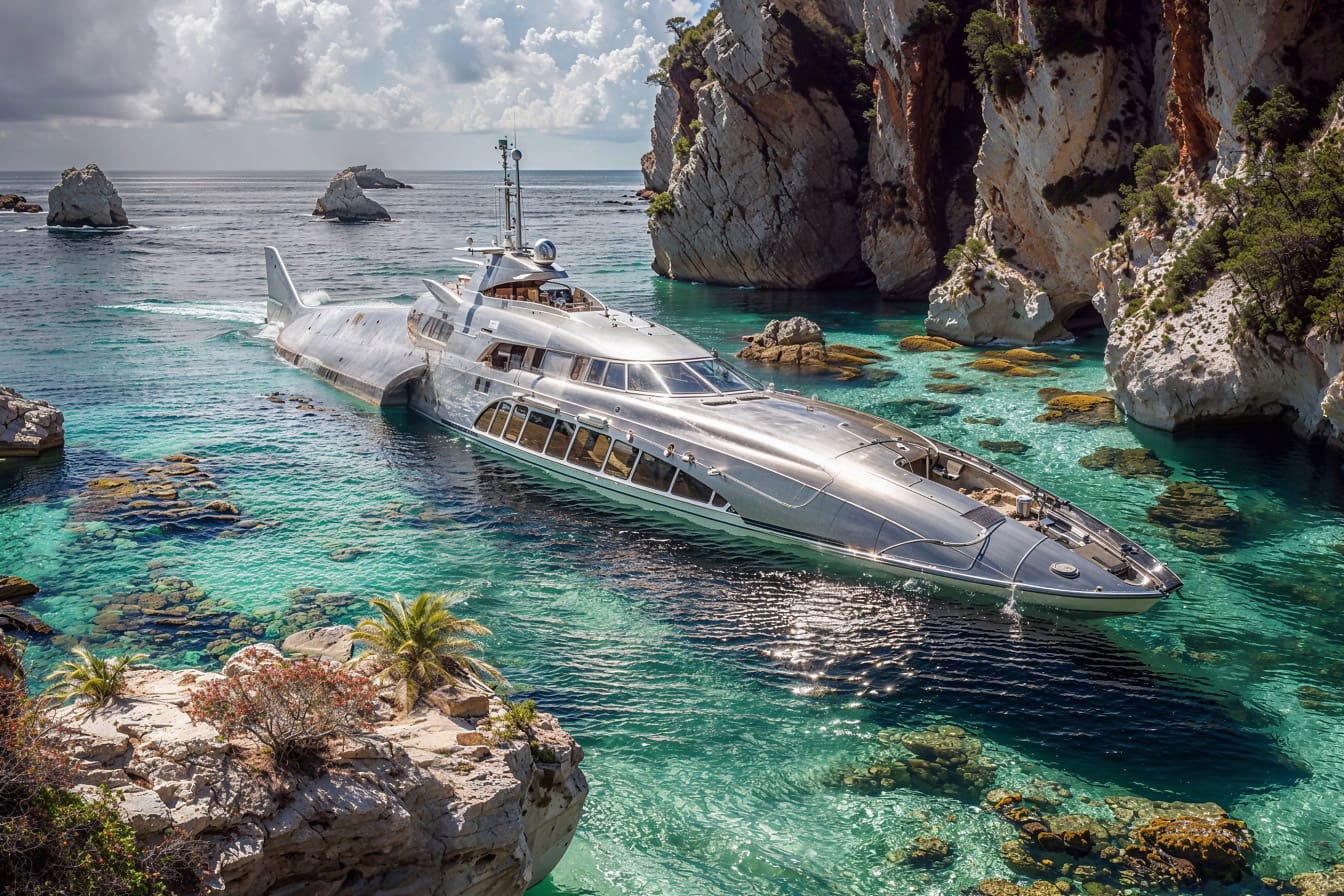 O conceito de um iate-submarino futurista sobre a água em uma lagoa de mar rochoso