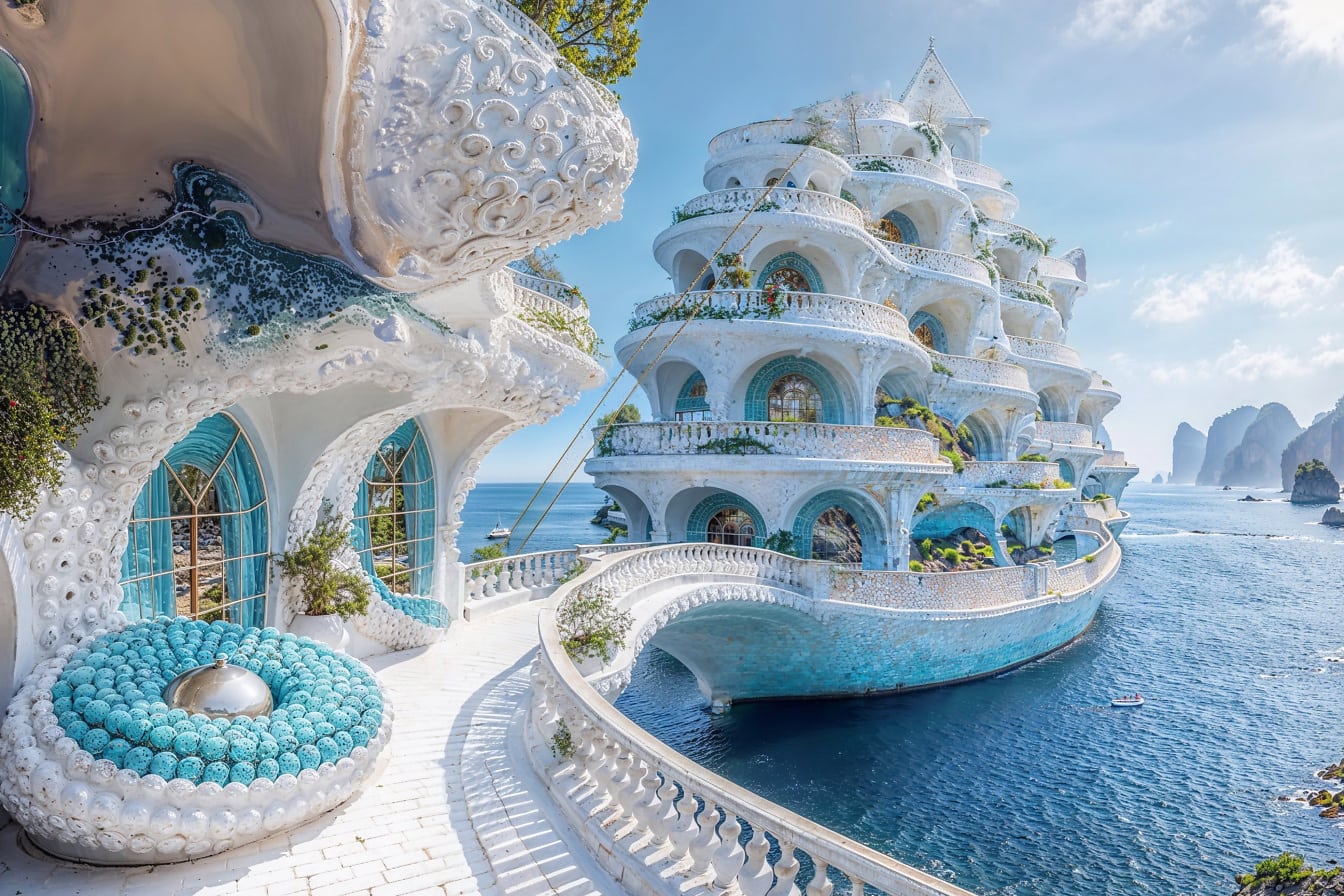 Surrealistický architektonický koncept extra super jachty prepojenej terasou s vilou