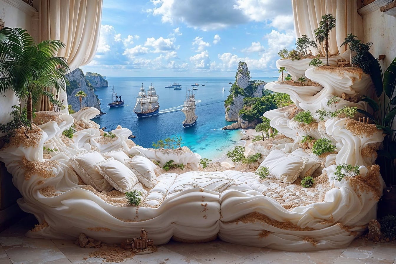 Slaapkamer van een droomhuis met een bed met uitzicht op de zee
