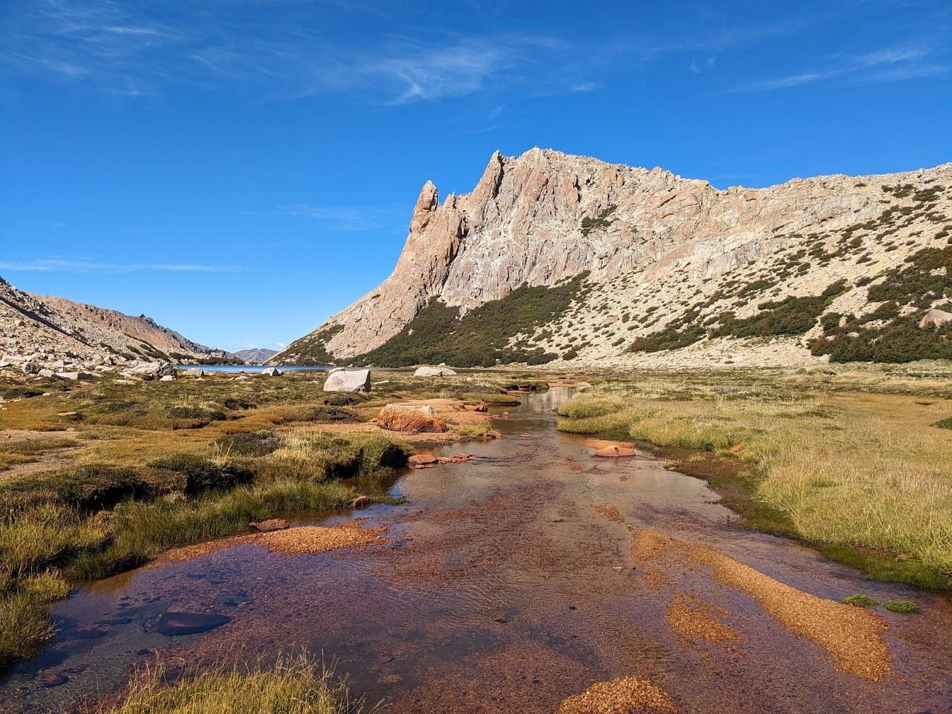 Potok v travnaté oblasti s horou v přírodní rezervaci Nahuel Huapi v Argentině