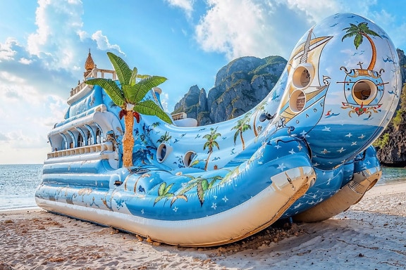 Blue and white inflatable slide in a tropical beach amusement park