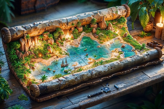 3D relief maritime map to treasure island on rustic wooden table