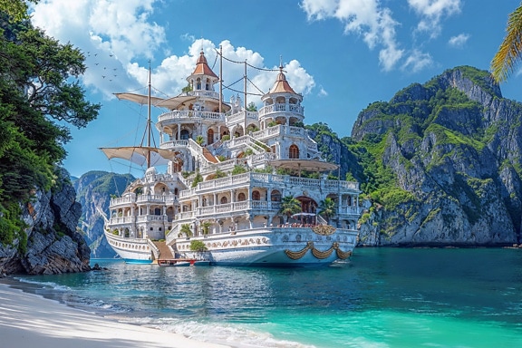 Концепция за луксозен дворец-кораб сред островите Фи Фи в Тайланд