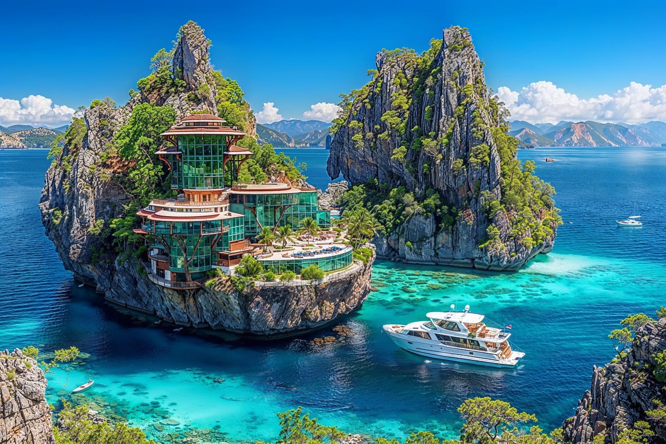 Kleine Touristenyacht im Wasser neben einer futuristischen Villa auf einer felsigen Insel