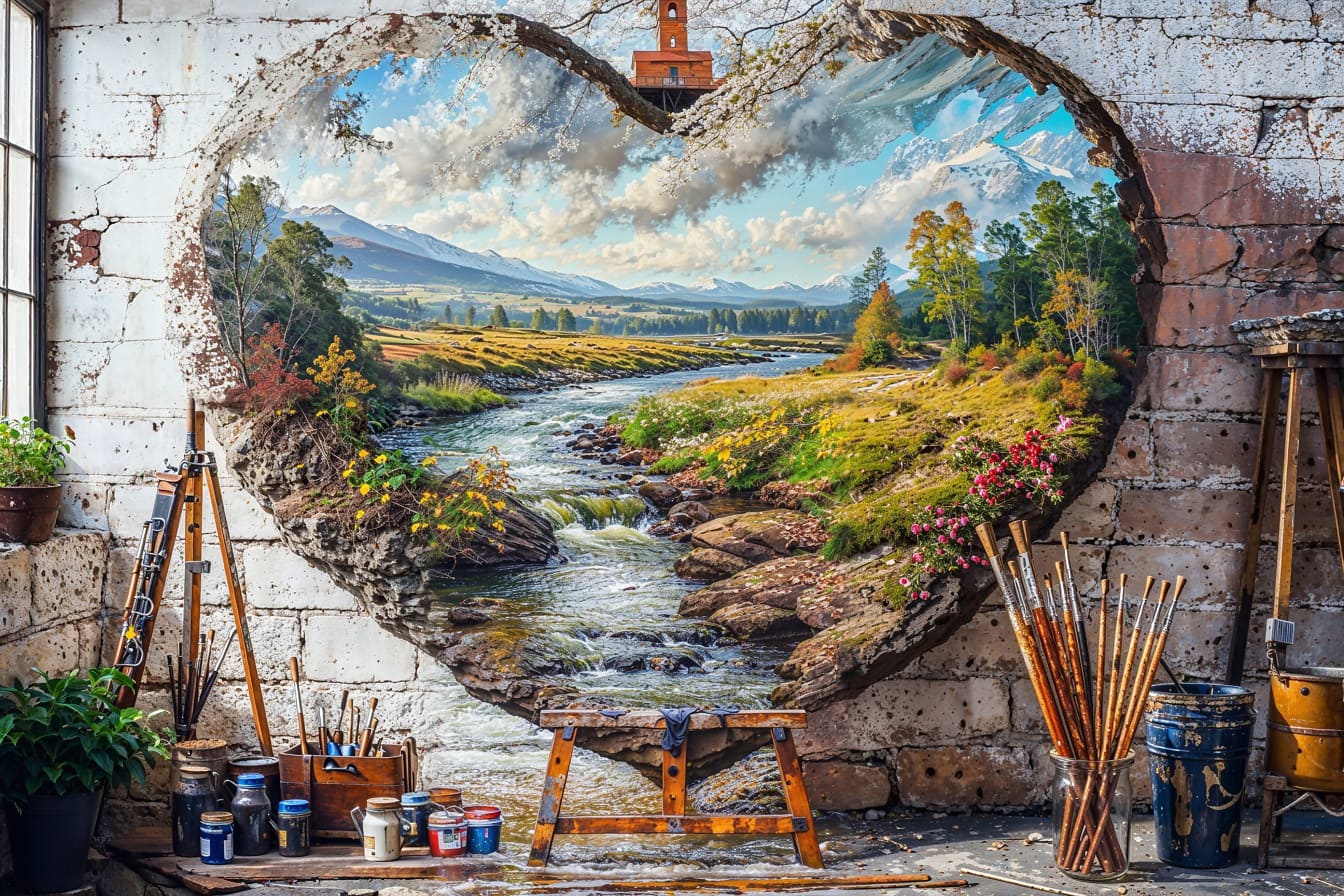 Szív alakú festmény folyóról és hegyekről egy rusztikus művészeti stúdióban