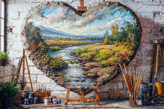 Heart shaped painting of a river and mountains in a rustic art studio