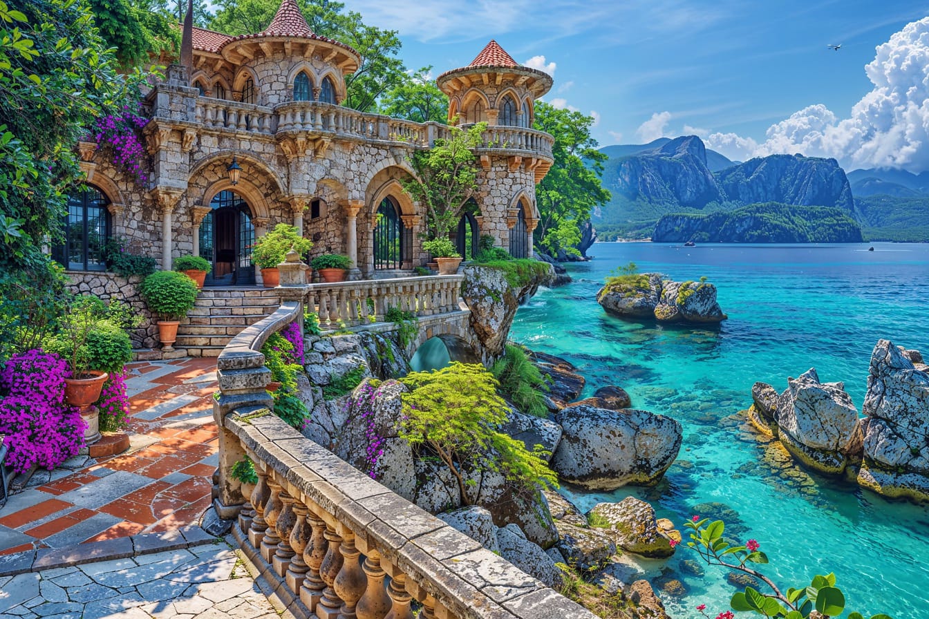 童话般的豪华别墅，在热带岛屿的海岸上设有露台，拥有蔚蓝的海水