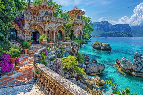 Märchenhafte Luxusvilla mit Terrasse an der Küste einer tropischen Insel mit azurblauem Meerwasser