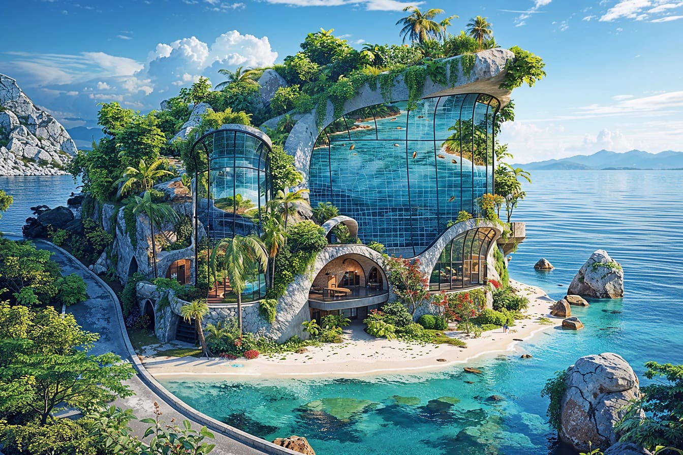 A futurisztikus szuper exkluzív szállodai üdülőhely koncepciója Thaiföld trópusi szigetének strandján